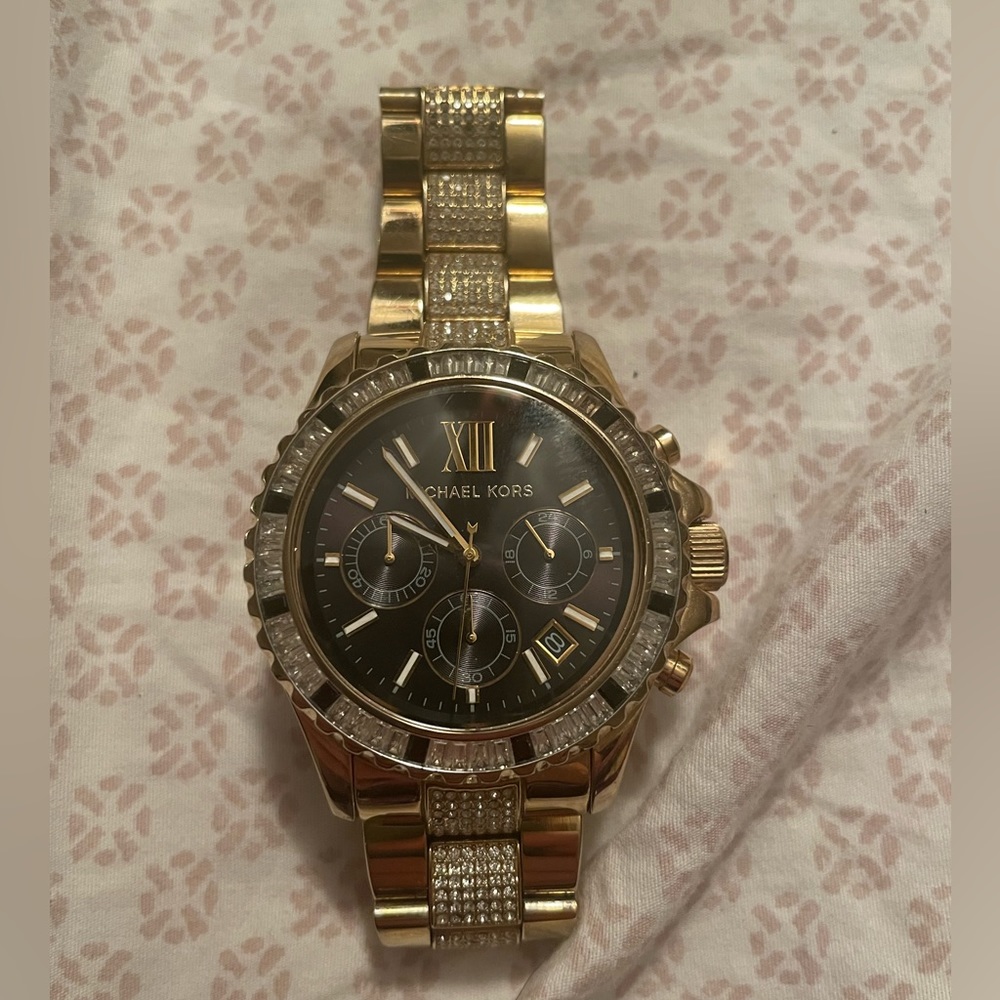 Michael Kors Watch- Gold with Crystal accent. Black Watch Face